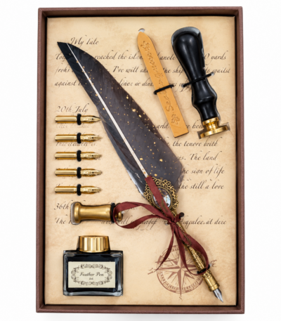 Coffret cachet de cire plume calligraphie vintage avec encrier