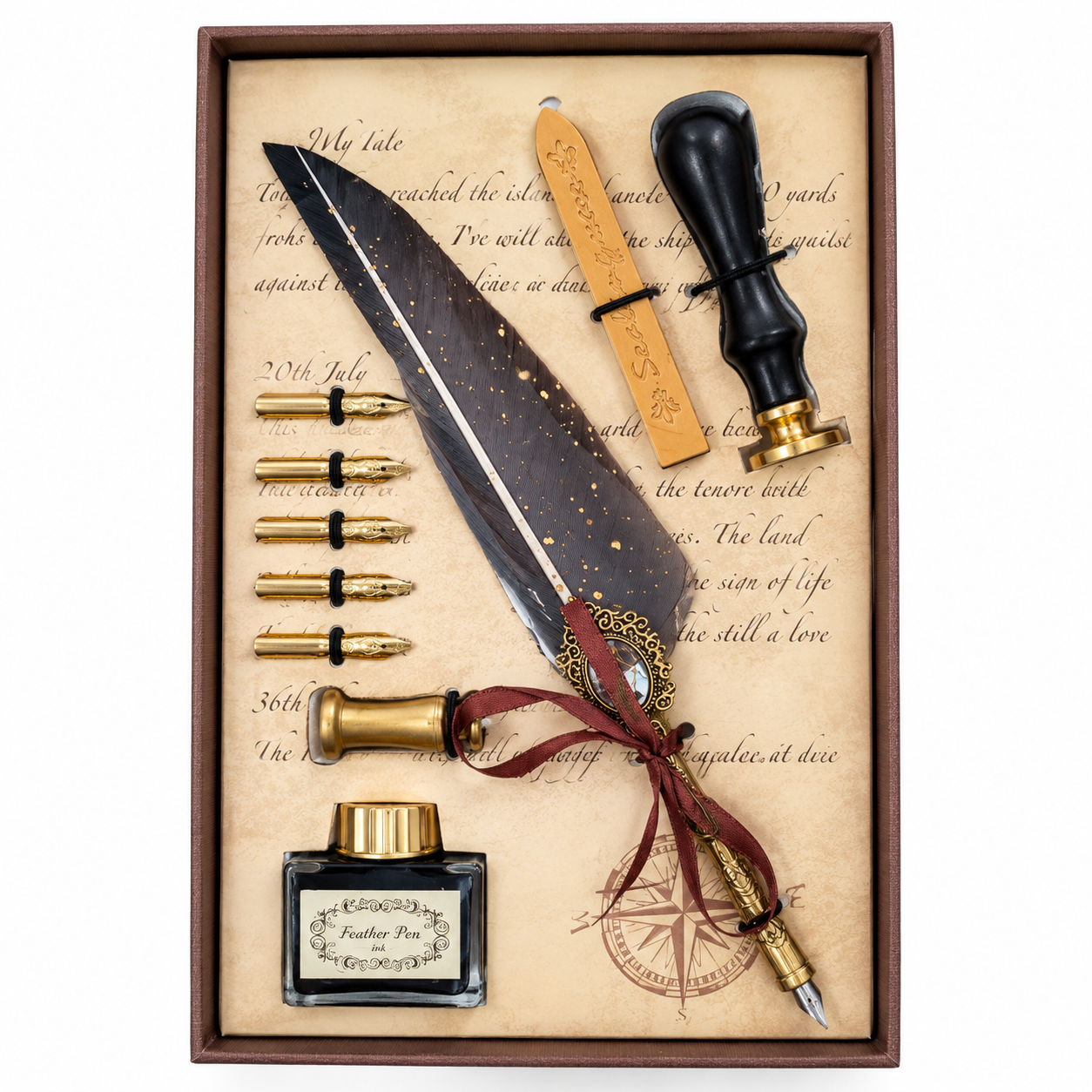Coffret plume calligraphie vintage – Encrier et cachet de cire Coffret cachet de cire plume calligraphie vintage avec encrier