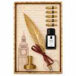 Coffret plume dorée calligraphie avec encrier et 5 plumes