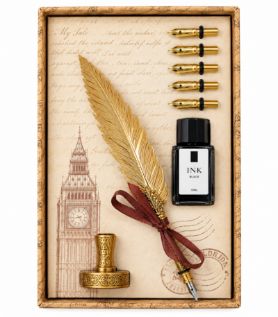 Coffret plume dorée calligraphie avec encrier et 5 plumes