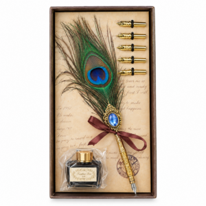 Coffret plume de paon vintage avec encre et plumes de rechange