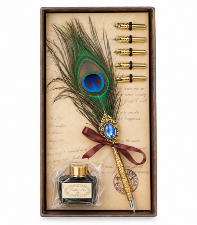 Coffret plume de paon vintage avec encre et plumes de rechange