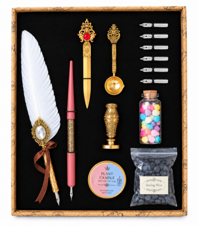 Coffret de calligraphie vintage complet avec plume, cachet de cire et accessoires