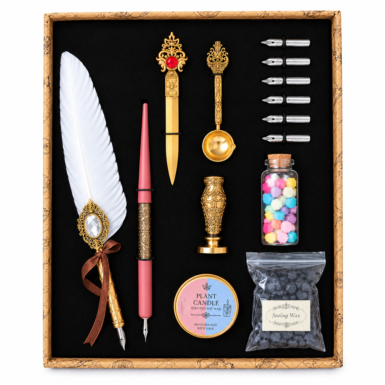 Coffret de calligraphie vintage complet – Plume, cachet de cire et accessoires Coffret de calligraphie vintage complet avec plume, cachet de cire et accessoires