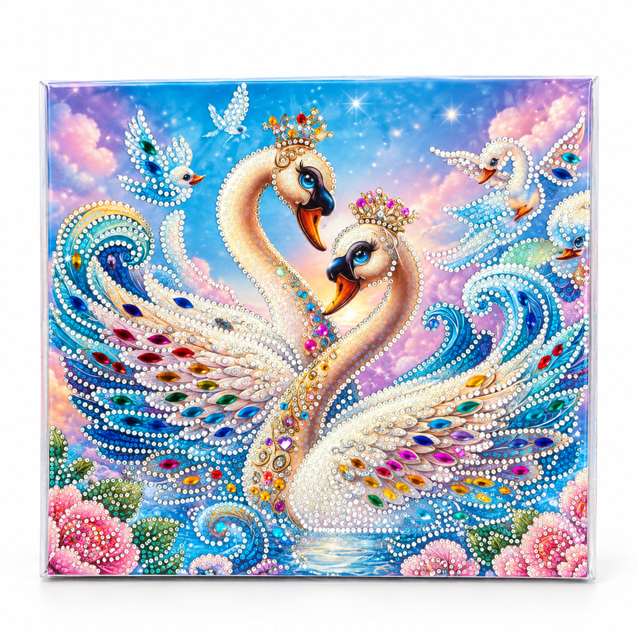 Cygnes précieux en cœur scintillant Tableau diamante thème Cygnes précieux 30x30 – Image 1