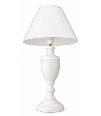 Lampe de chevet blanche style shabby chic avec pied en forme d’urne et abat-jour plissé en tissu