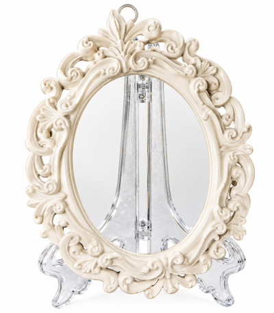 Miroir ovale baroque blanc sur chevalet transparent