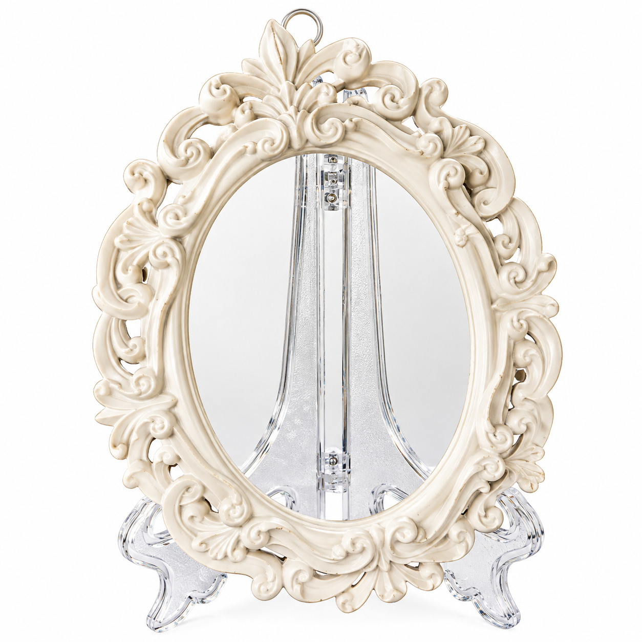 Miroir ovale baroque blanc – Sur chevalet Miroir ovale baroque blanc sur chevalet transparent