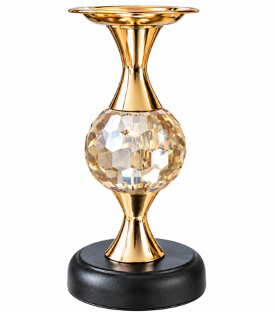 Bougeoir doré avec sphère en cristal et socle noir