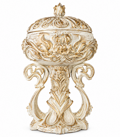 Urne décorative baroque ivoire et or avec couvercle sculpté