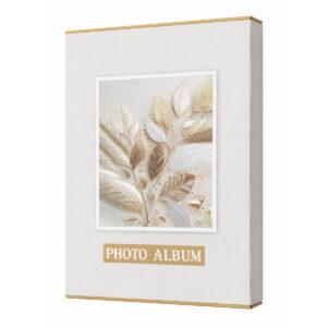 Album photo ivoire grand format à couverture claire avec cadre blanc et motif de feuilles beige et doré