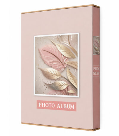 Album photo feuilles dorées grand format à couverture rose avec cadre et motif de feuilles roses et dorées