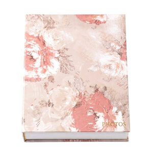 Album photo rose poudré grand format à couverture florale beige et rose avec inscription dorée « PHOTOS »