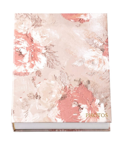 Album photo rose poudré grand format à couverture florale beige et rose avec inscription dorée « PHOTOS »