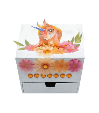 Boîte à bijoux licorne en bois fleurie avec tiroir, décor licorne et fleurs colorées