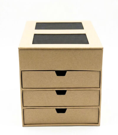 Boîte de rangement carton kraft avec 3 tiroirs et dessus à bandes noires