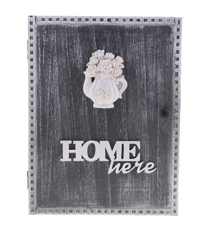 Boîte à clés murale en bois avec étagère et 6 crochets, décor théière et roses « Home here »