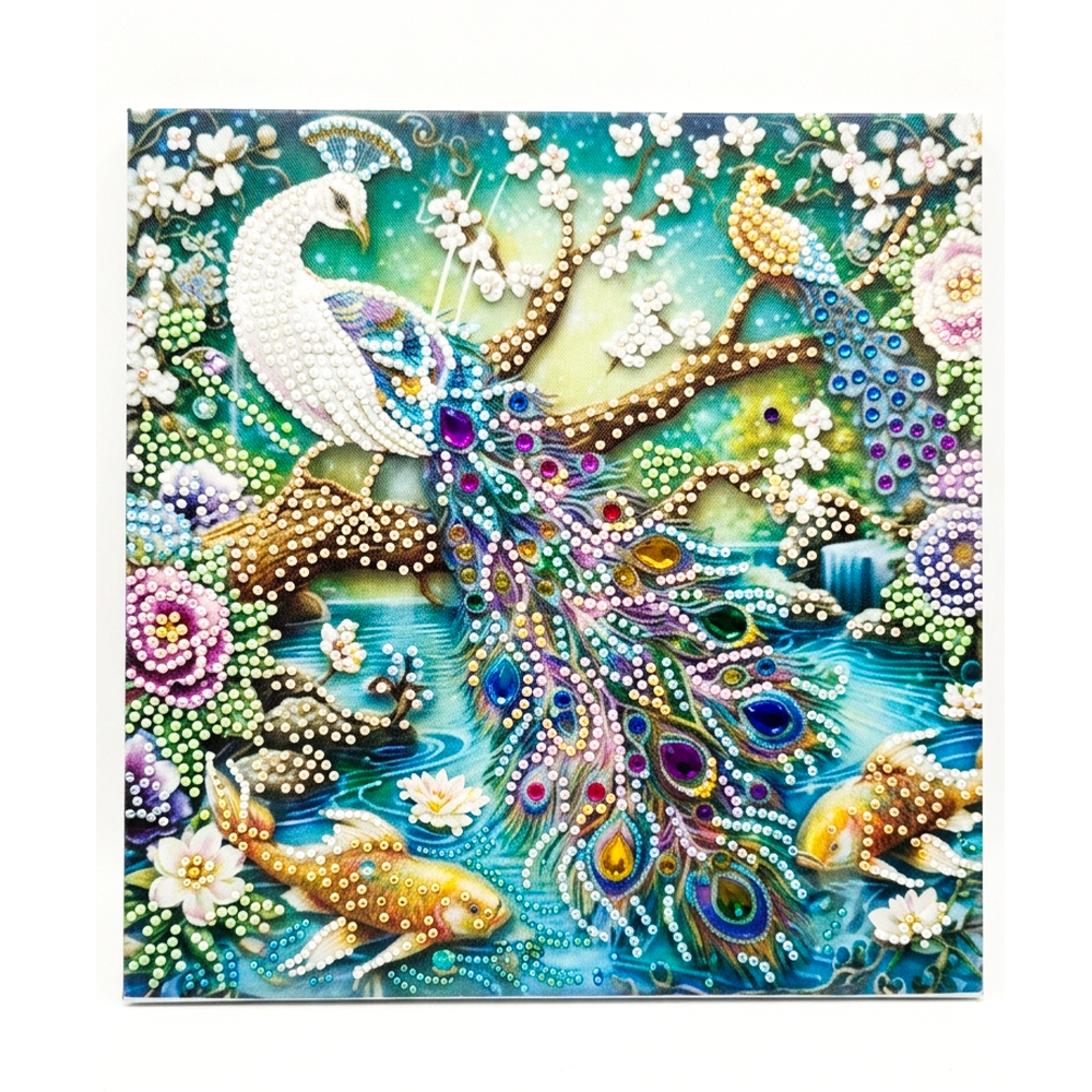 peacock Tableau diamante thème du paon blanc 20x20 – Image 1