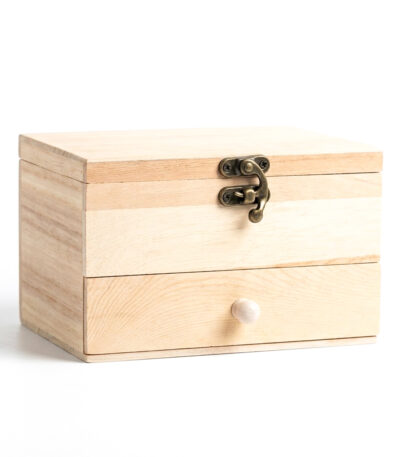 Boîte de rangement carrée en bois brut avec tiroir et fermoir en bronze